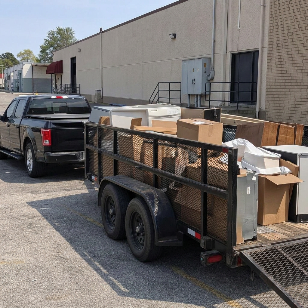Crew removing old office desks and chairs during a commercial cleanout