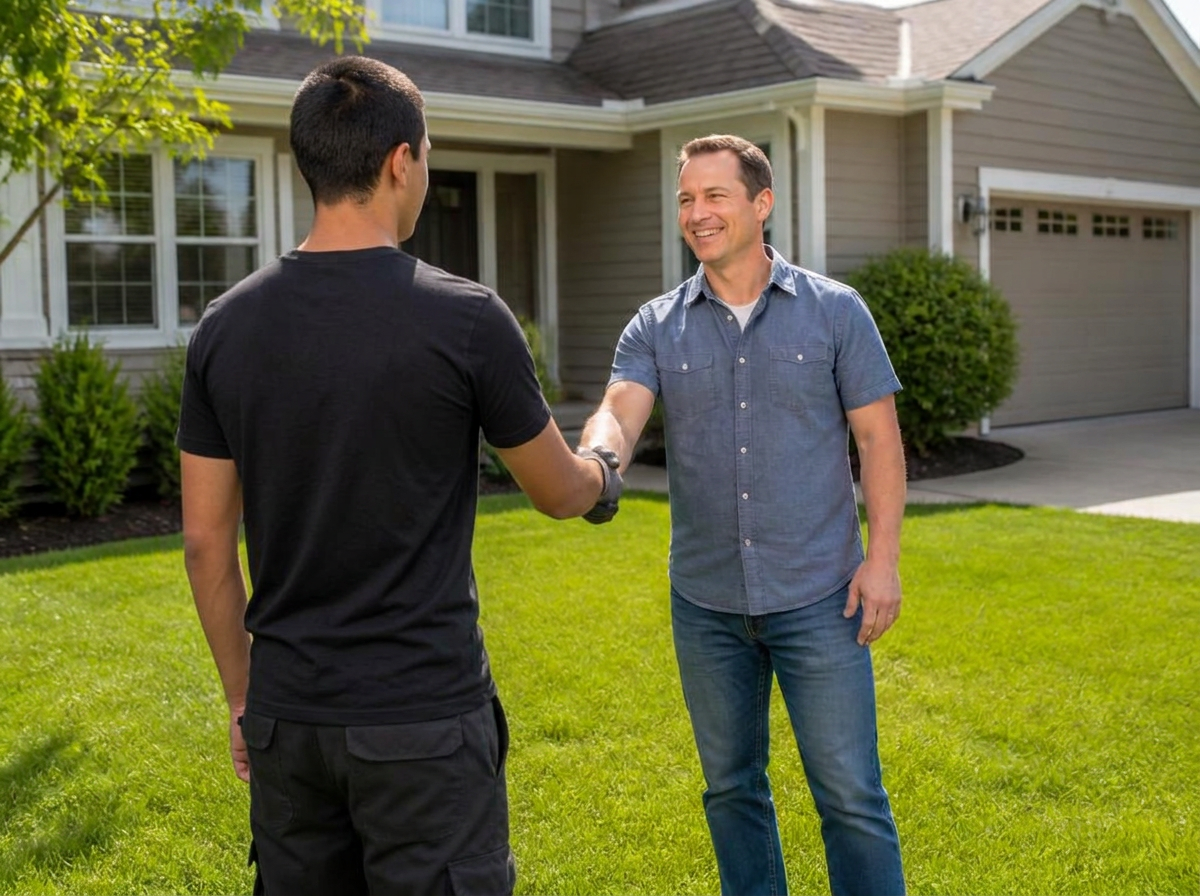 PGE Junk Removal crew member greeting a homeowner in front of a Kansas City home